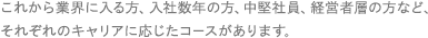 これから業界に入る方、入社数年の方、中堅社員、経営者層の方など、それぞれのキャリアに応じたコースがあります。